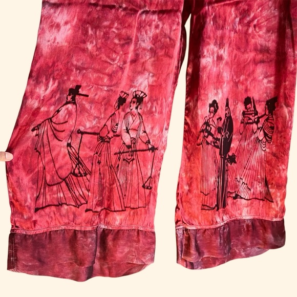 vtg Citron Santa Monica Red Silk Blend Art Print Wide Leg Pants Medium - Picture 2 of 12